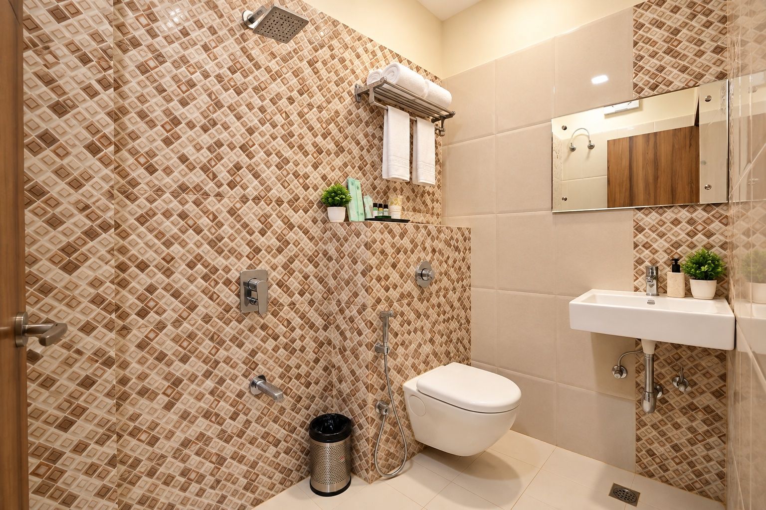 A bathroom with a patterned tile wall, a toilet, a sink, and a shower area.