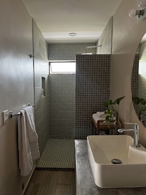 Hair dryer, bidet, towels, soap