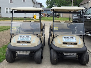 Zwei Golfcarts mit der Aufschrift 'MIETE MICH!' und Kontaktinformationen für TIS Time Rentals in Conn.