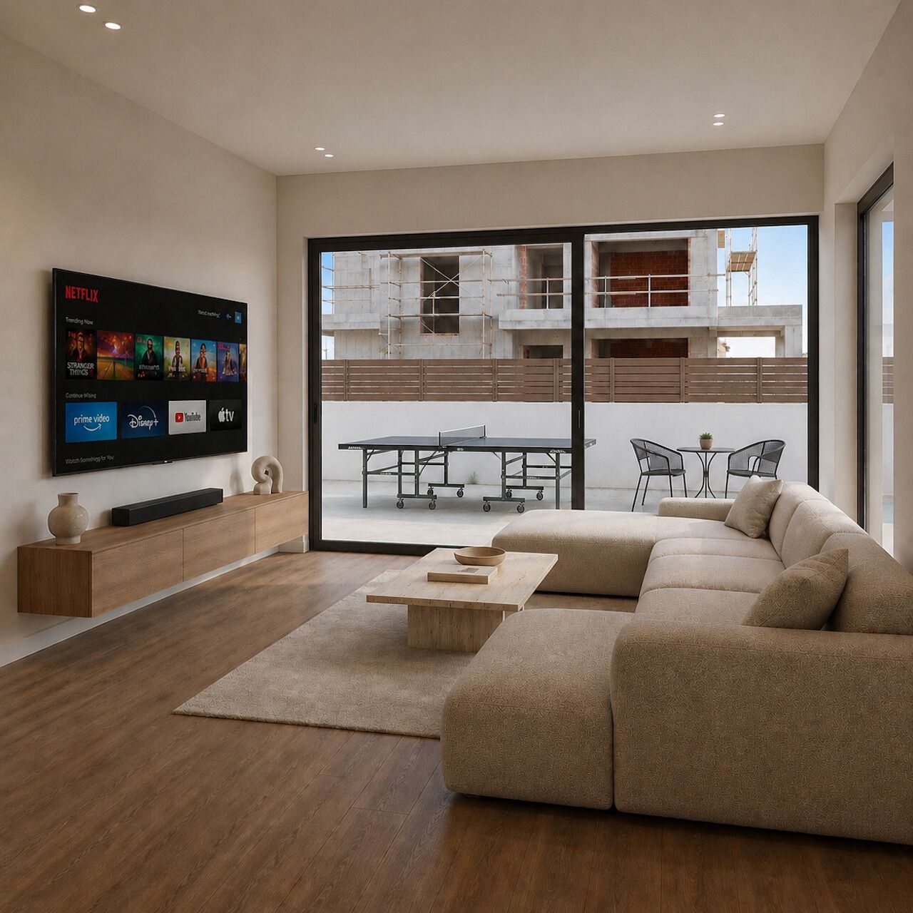 A modern living room with a flat-screen TV, a sectional sofa, a wooden coffee table, and a sliding glass door leading to an outdoor area with a ping pong table.