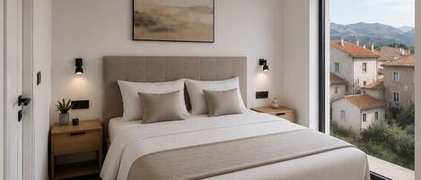 A modern bedroom with a large bed, bedside tables, a wall-mounted light, and a view of buildings through a large window.
