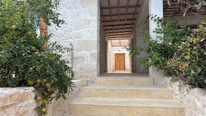Una escalera de piedra que conduce a una puerta de madera, rodeada de abundante vegetación.