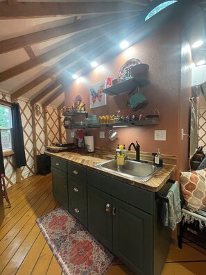 Fridge, oven, stovetop, coffee/tea maker
