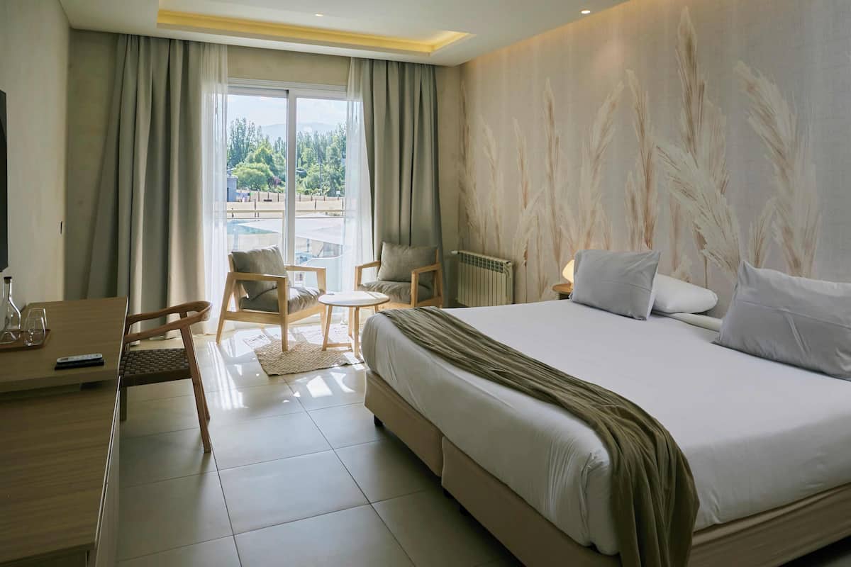A hotel room with a large bed, a desk with a chair, a small table, and a view of the outdoors.