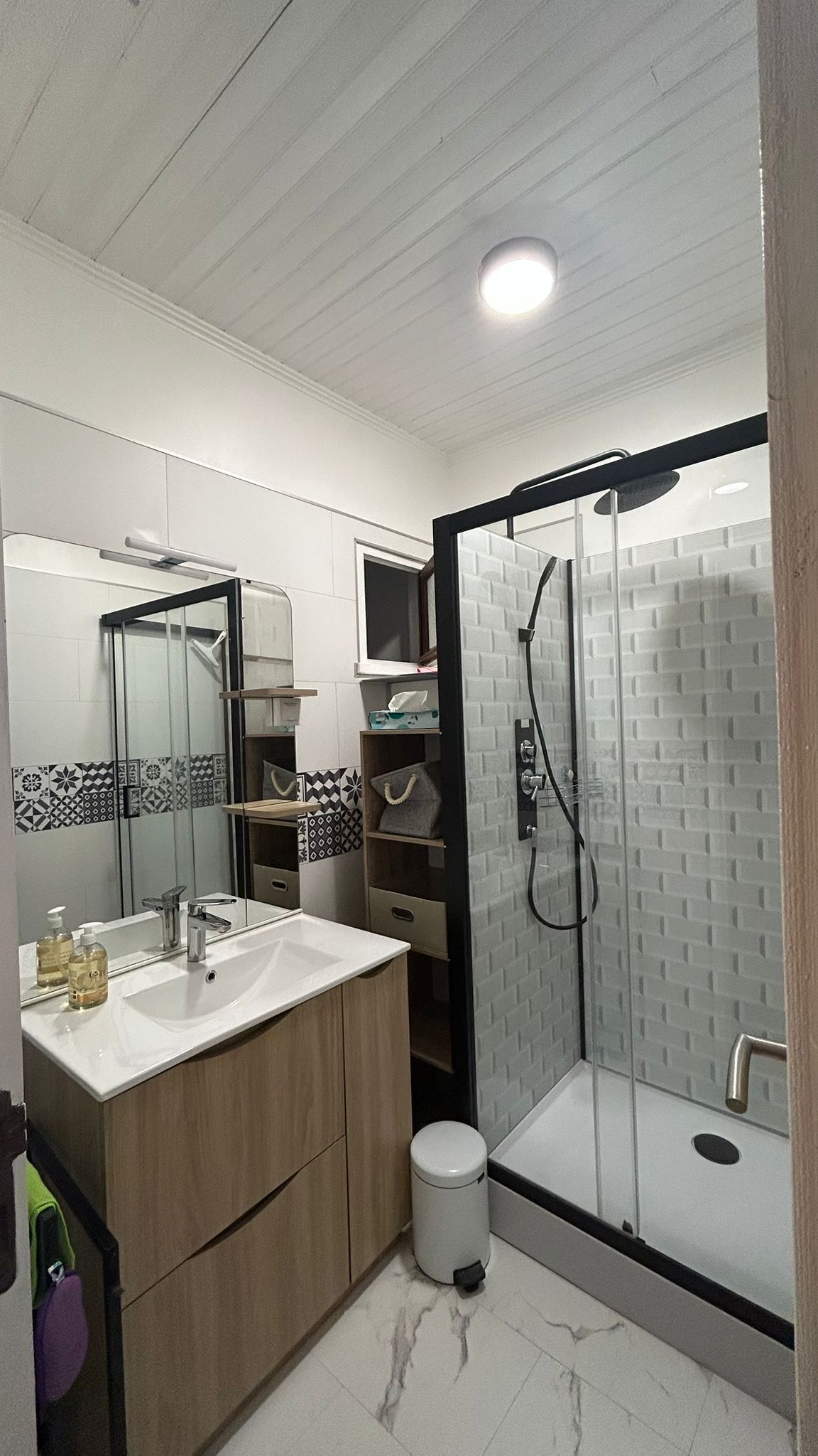 Douche, serviettes fournies, papier toilette