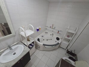 Hair dryer, towels, soap, toilet paper