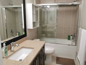Hair dryer, towels, soap, toilet paper