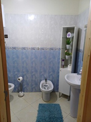 Une salle de bain avec des toilettes, un bidet et un lavabo. Il y a un tapis bleu sur le sol et une étagère avec des plantes et des articles de toilette.