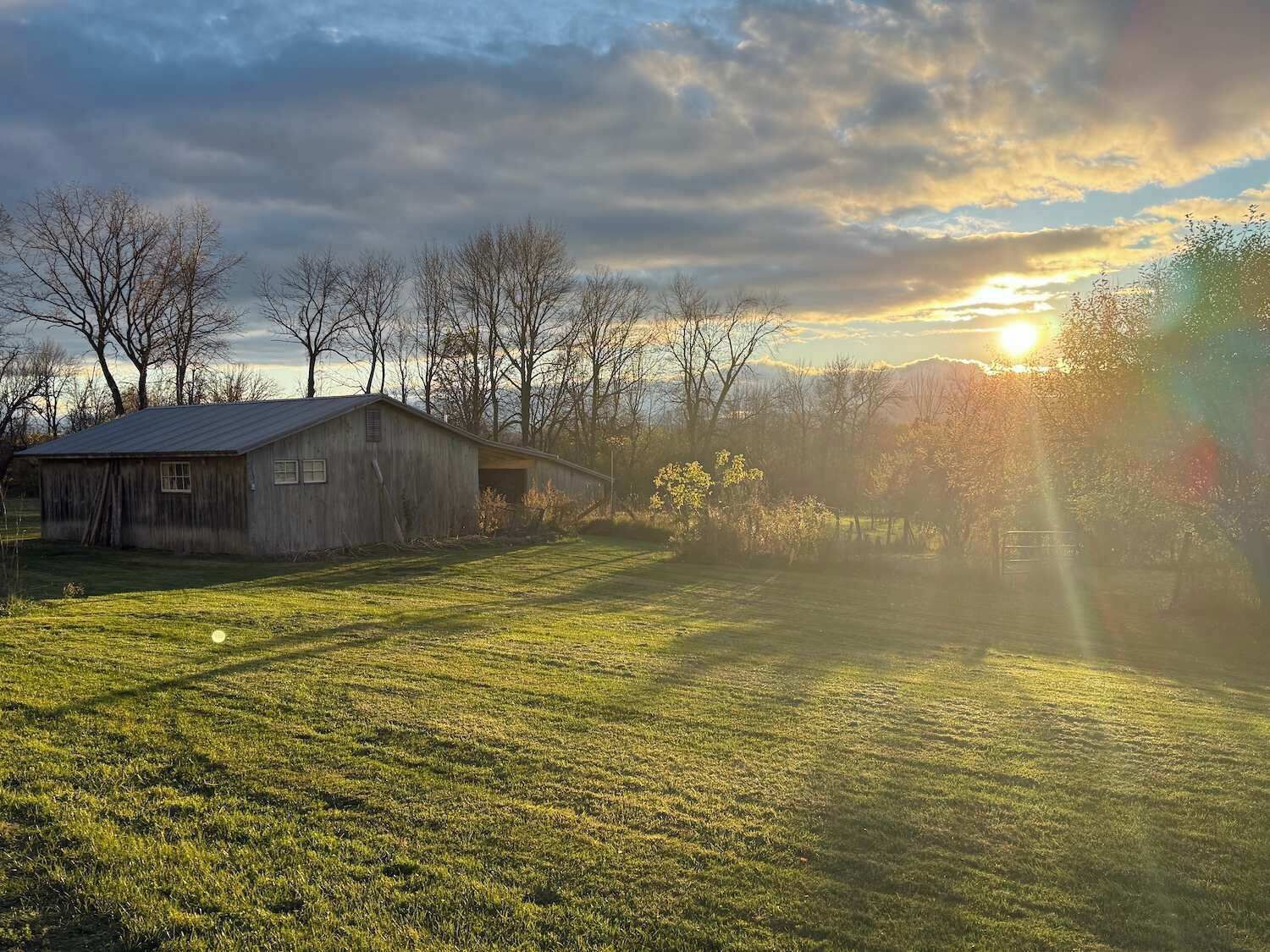 A rustic barn with a sloped roof, surrounded by a grassy field and trees.