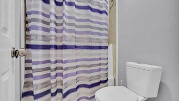 Hair dryer, towels, soap, shampoo