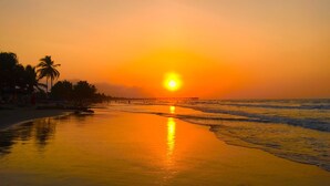 A beach with a sunset, palm trees, and a pier.