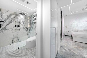 Shower, eco-friendly toiletries, hair dryer, bidet