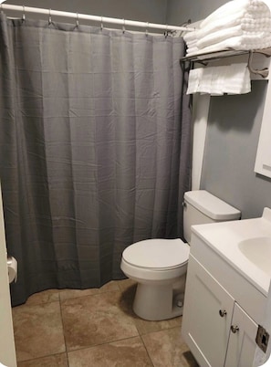 Hair dryer, towels, soap, toilet paper