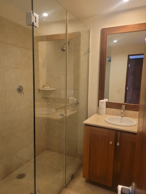 Shower, towels, soap, toilet paper