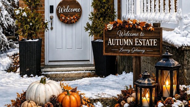 A brick house with a white door, a 'Welcome' sign, and a 'Welcome to AUTUMN ESTATE' sign. - Autumn Estate (Westport)