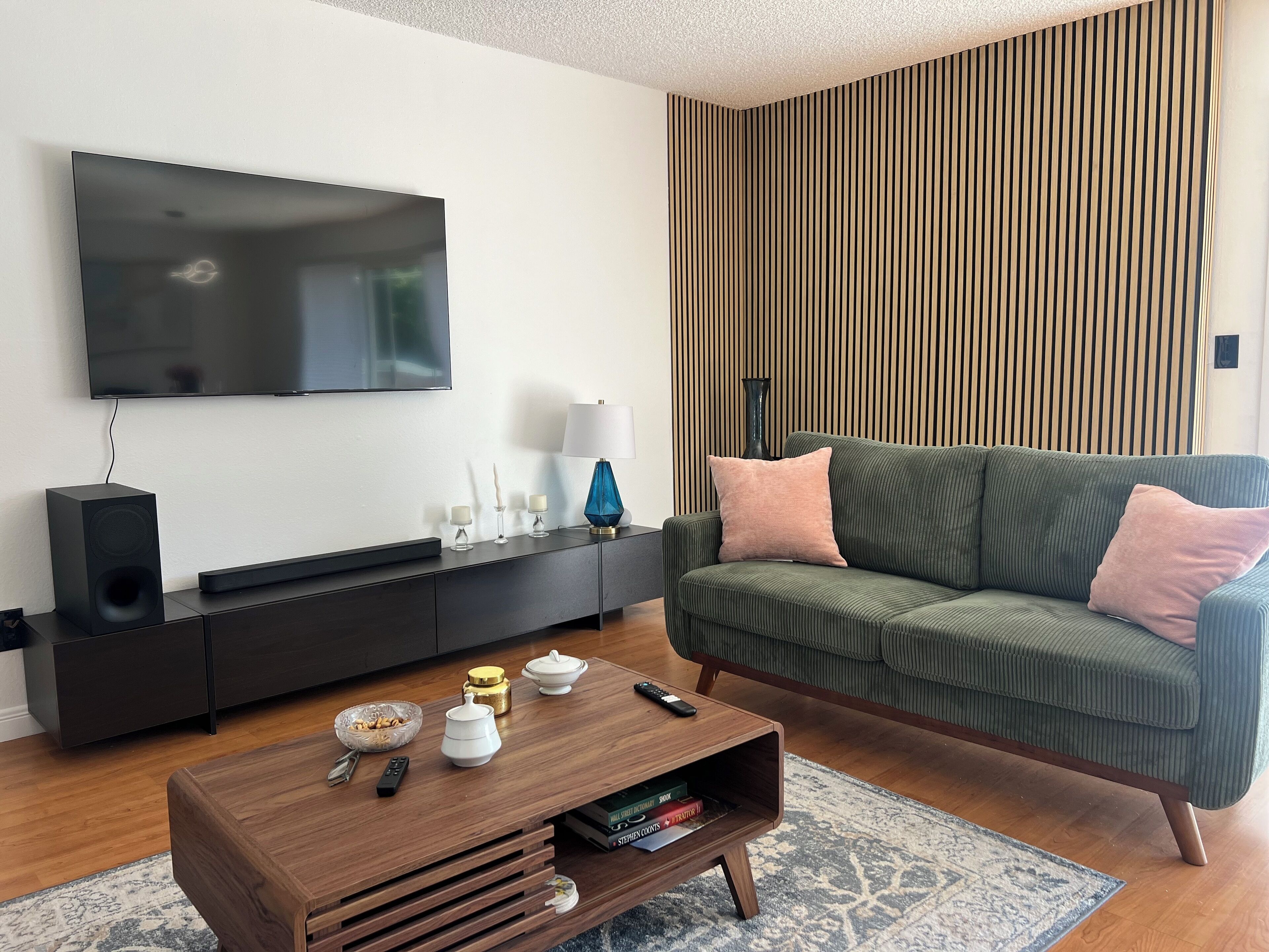 Smart TV, fireplace, books, stereo