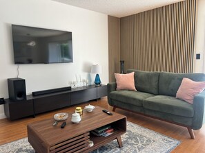 Smart TV, chimenea, libros, estéreo