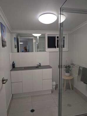 Shower, hair dryer, towels, soap
