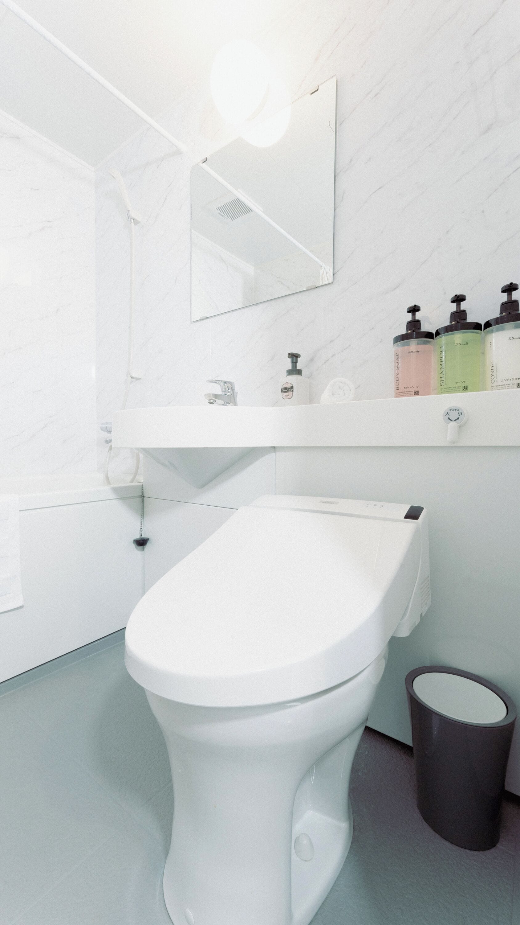 A modern bathroom with a toilet, a sink, a mirror, and a trash bin.