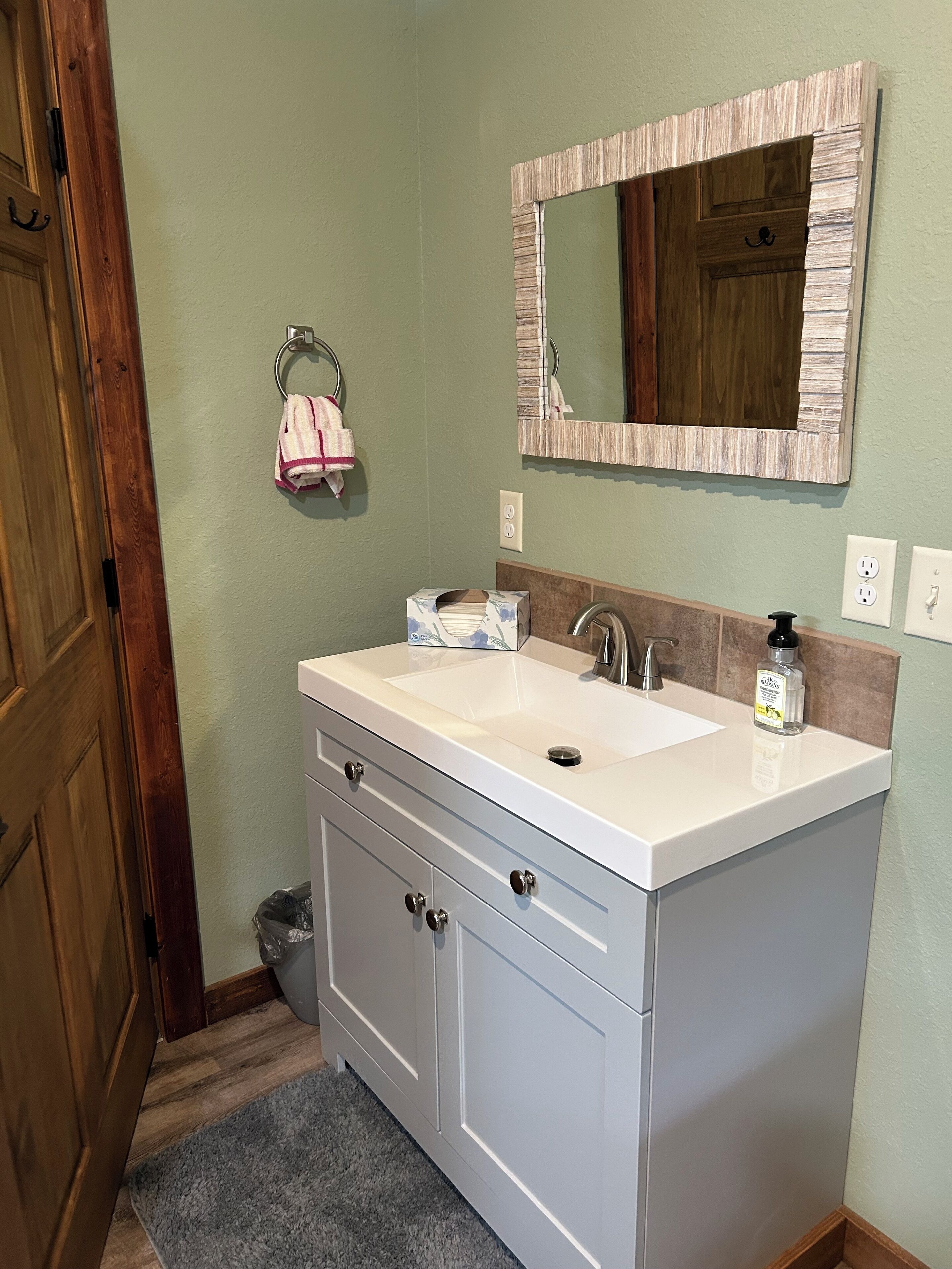 Hair dryer, towels, soap, toilet paper