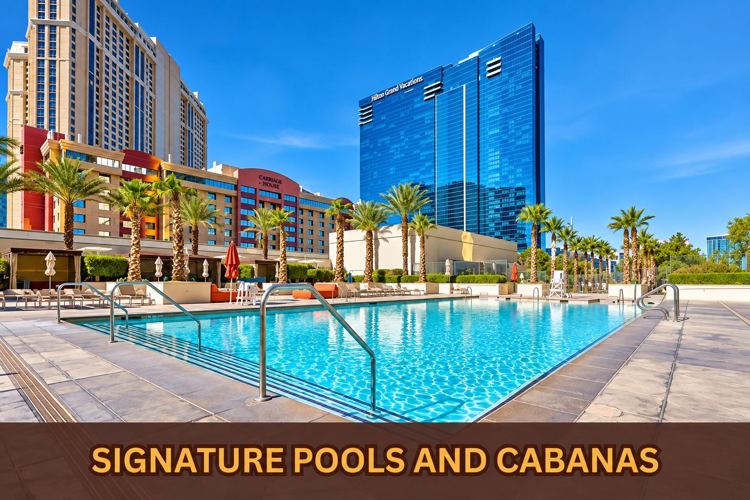 A hotel pool area with a clear blue pool, lounge chairs, and palm trees.