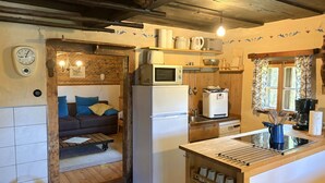 Eine rustikale Küche mit Kühlschrank, Mikrowelle und Holzregalen.