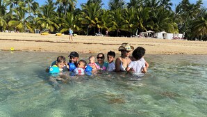 Un grupo de personas en aguas poco profundas en una playa, con palmeras y sillas de playa al fondo.