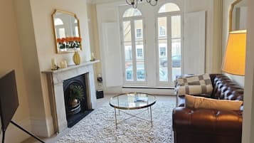 Smart TV, fireplace, books