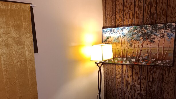 Una habitación con un sofá, una lámpara, un cuadro y una pequeña mesa con una flor.