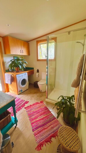 Shower, hair dryer, towels, soap