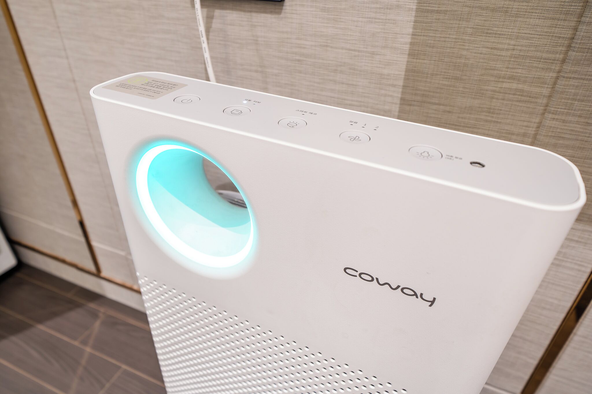 A white Coway portable air purifier with a blue light, control buttons, and a brand name on the front.