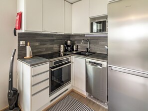 A modern kitchen with a built-in oven, dishwasher, and a microwave above the sink. - Aurinkorinne 1 as 24 by Interhome (Kittilä)