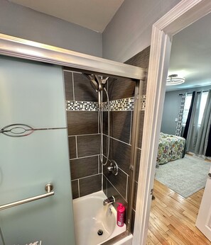 Hair dryer, towels, soap, toilet paper