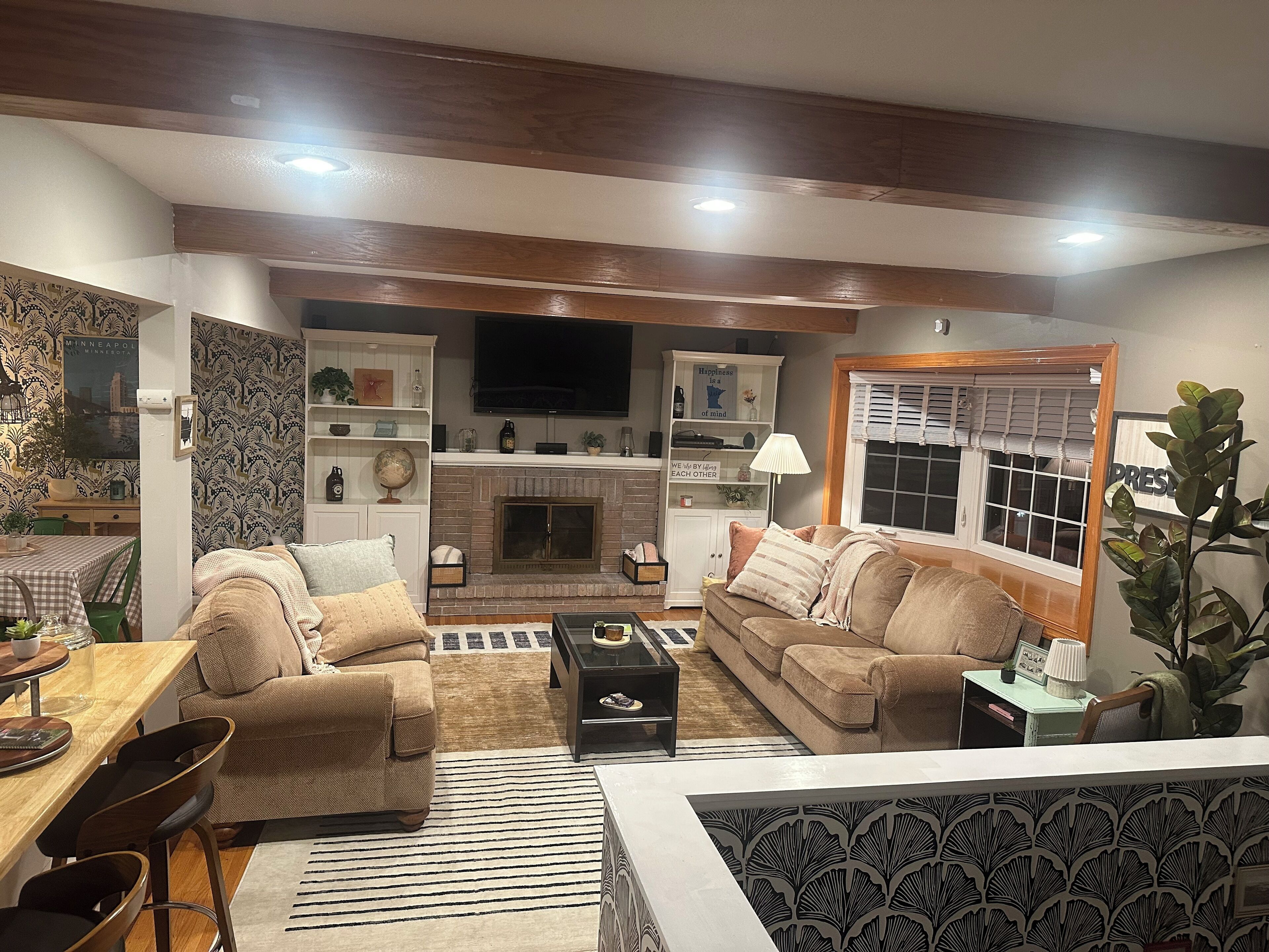 電視、壁爐、DVD 播放機、書籍