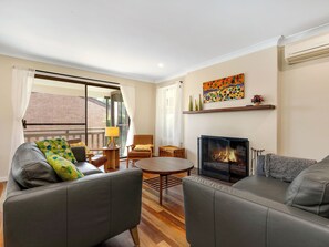 Smart TV, chimenea, libros, videoteca