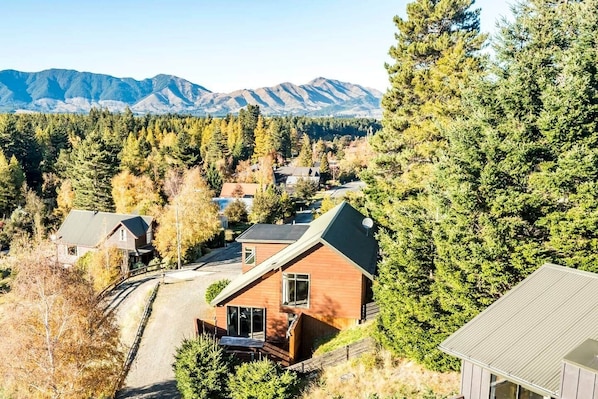 A residential area with houses, a driveway, and a mountain range in the background.