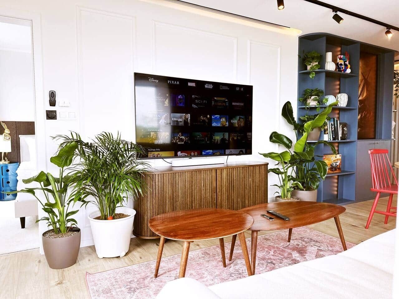 A modern living room with a flat-screen TV, wooden furniture, and potted plants.