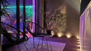 Un intérieur moderne avec un plancher en bois, une chaise noire, une plante en pot et une vue à travers une porte vitrée.