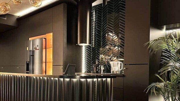 Un espace d’accueil moderne avec un comptoir noir, une grande plante en pot et un luminaire au plafond au design original.
