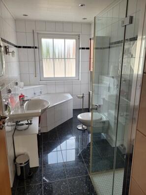 Shower, free toiletries, hair dryer, towels