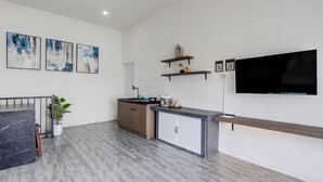 A modern kitchen with a marble countertop, a built-in oven, and a sink. There are three abstract paintings on the wall, a flat-screen TV mounted above a wooden shelf, and a potted plant in the corner. - Capital O Sudirto Villa Dan Homestay Dieng (Wonosobo)