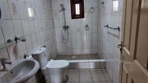 Un bagno piccolo rivestito di piastrelle, con WC, bidet e doccia.