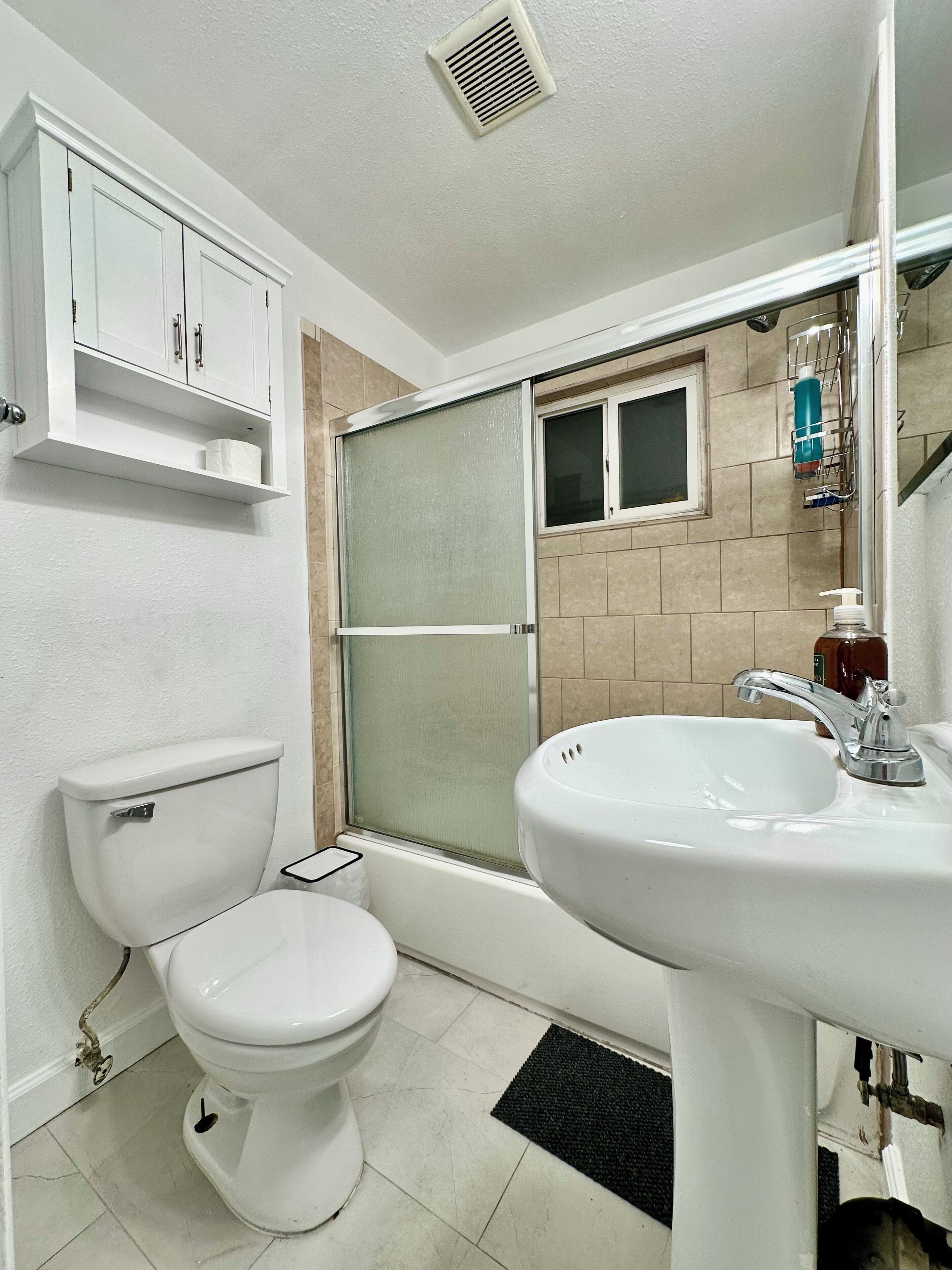 Hair dryer, towels, soap, shampoo