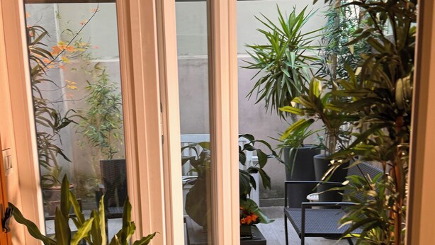 On aperçoit, à travers une porte vitrée, une pièce dotée d’un plancher en bois, d’une table et de chaises. Plusieurs plantes en pot sont visibles.