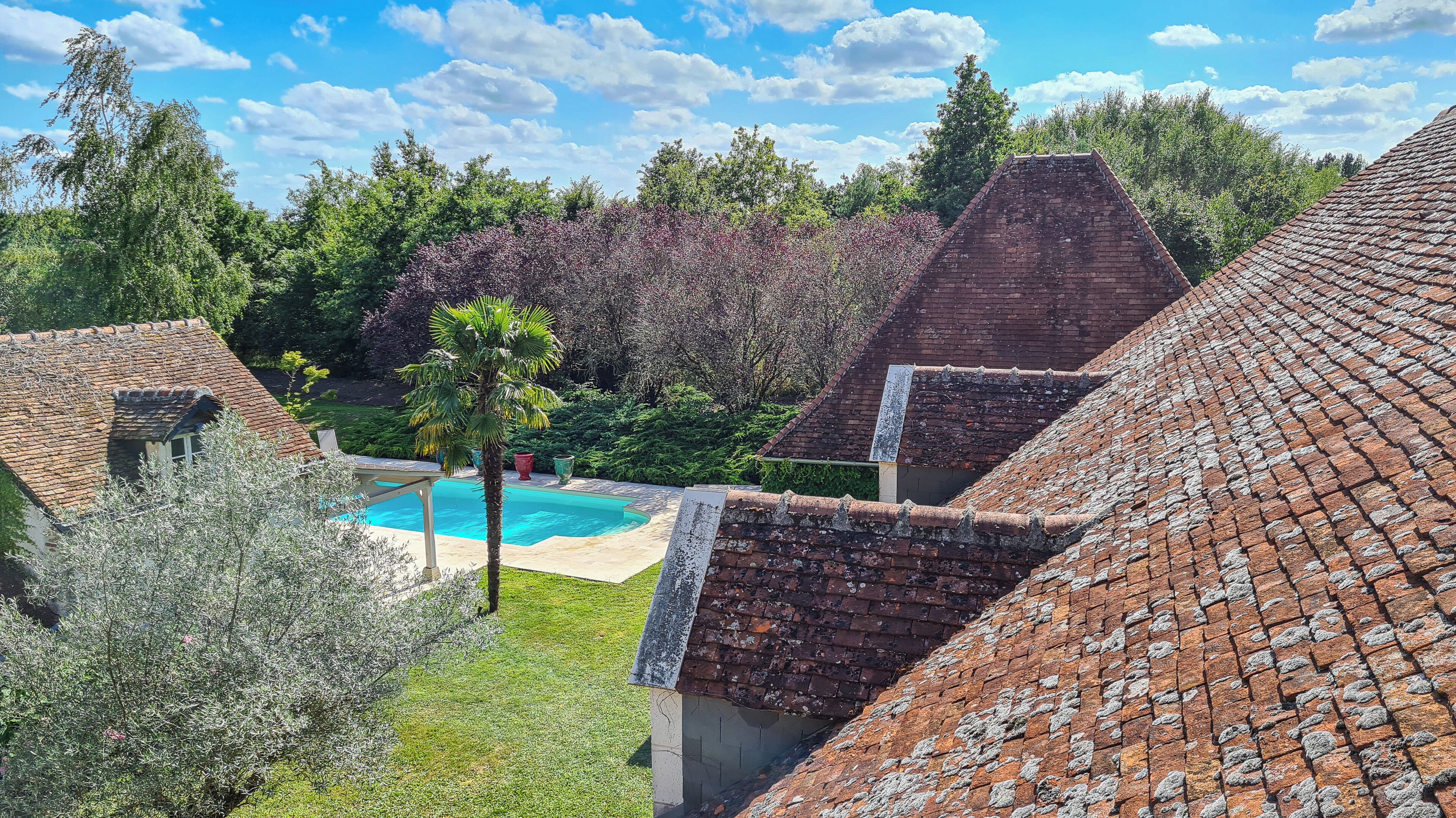 A courtyard with a swimming pool surrounded by buildings with red-tiled roofs.