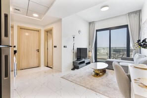 Exclusive Apartment, Balcony, City View | Living room - PVH - Modern 1BR - Alexis Tower (Dubai)