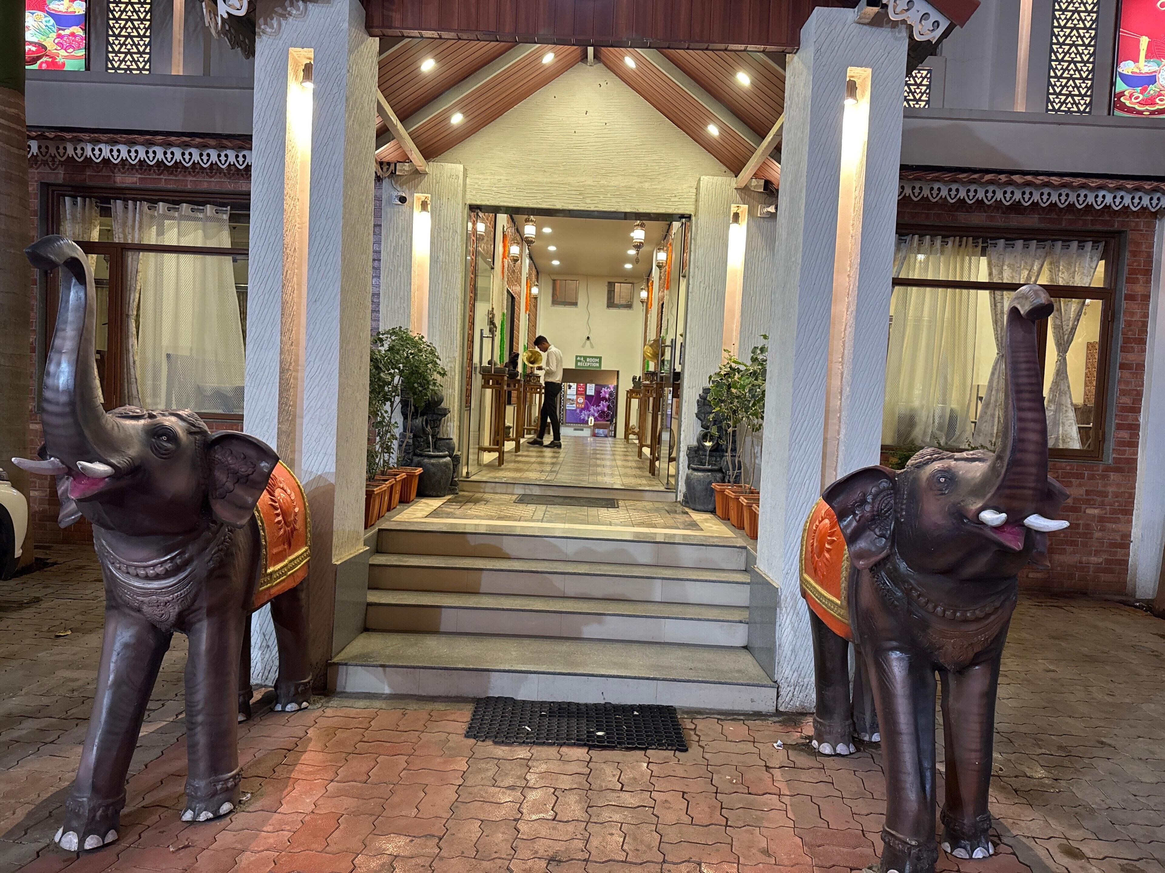 A hotel entrance with elephant statues on either side, a staircase leading inside, and a person in the background.