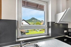 A kitchen with a window overlooking a green landscape and a playground.