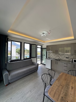 Luxury Apartment, Balcony, Mountain View | Private kitchen | Mini-fridge, microwave, cookware/dishes/utensils