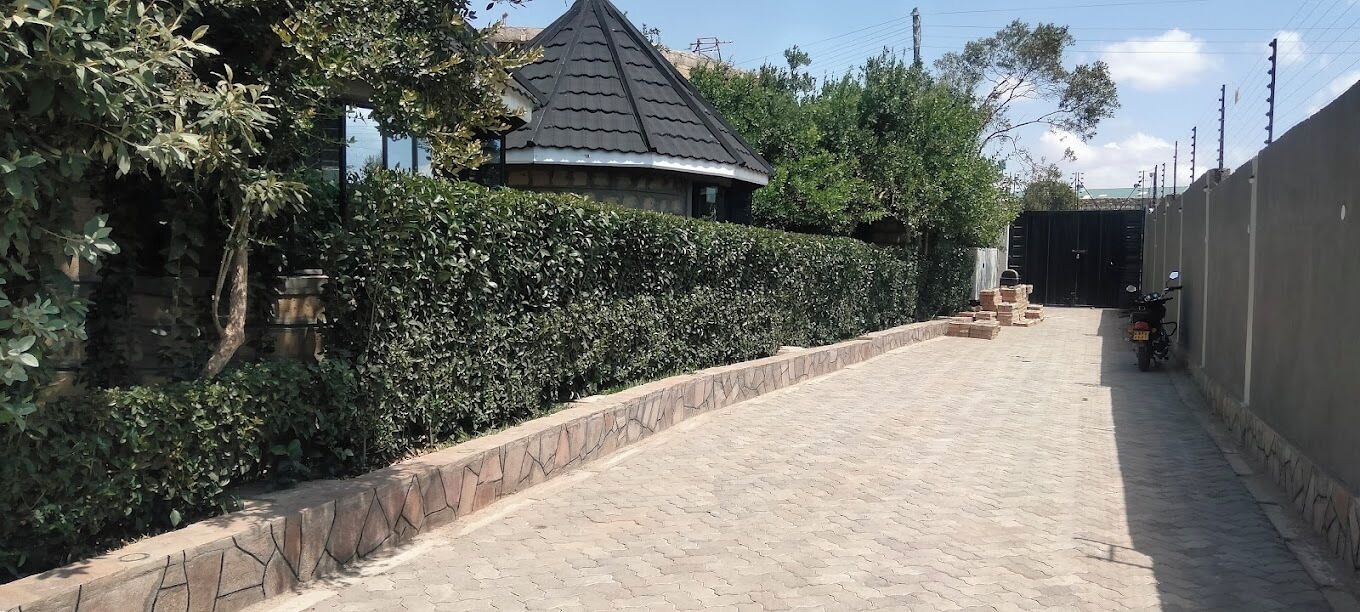 A paved pathway leading to a building with a curved roof, surrounded by a well-maintained hedge and a stone wall.